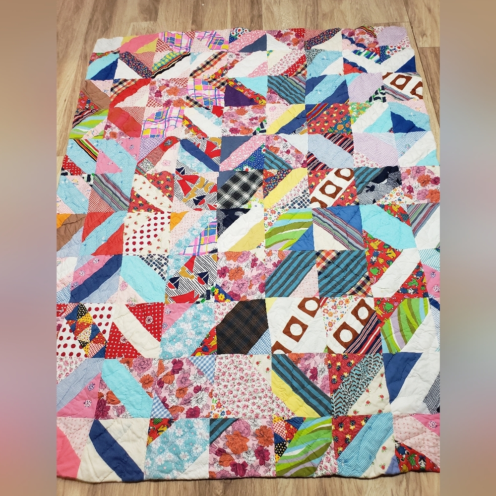 Vintage Patchwork Crazy Quilt Reversable Double Sided Heavy Homemade 80in By 65i - Picture 7 of 7